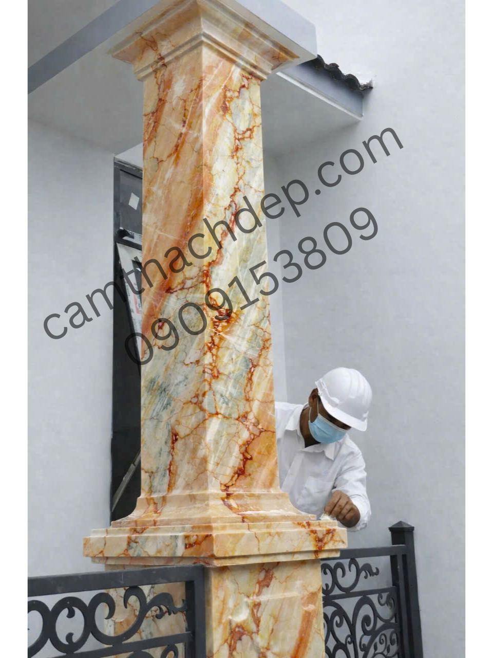 Cột Sơn Giả Đá Nâu Vân Mây Vàng Marble - cẩm thạch đẹp