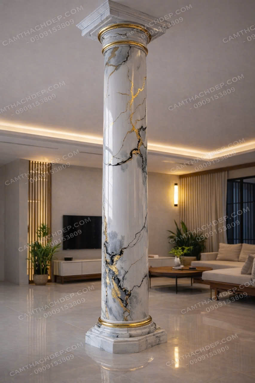 Giả đá cẩm thạch cao cấp trắng vân đen kết hợp ánh kim vàng